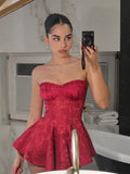 Chicmy-new years eve outfits Christmas party outfits Chic Red Off-the-shoulder Backless Sleeveless Mini Dress Sexy Lace High Waist Slim Vestidos New Lady Cocktail Party Gown