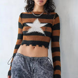 ChicMy Y2K Retro Grunge Sweaters Knitwear Vintage Star Patched Striped Knitted Pullovers Autumn Spring Long Sleeve O-neck Jumpers