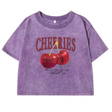 Chicmy-Red Cherries Letter Printed Female T-shirt Fashion Summer Washed Clothing Casual Cotton Crop Top Retro Tee Shirts For Women