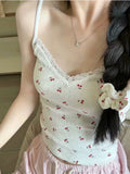 Chicmy-Sweet Women White Tank Top 2024 Fashion Summer Ladies Cherry Print Lace Lace Camisole Female Cute Under The Top