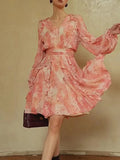 Chicmy Hit Color Loose Elegant Dresses For Women V Neck Long Sleeve High Waist Temperament Mini Dress Female Fashion Style
