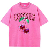 Chicmy-Crystal Cherries Washed T-Shirts Women Cotton Tees Fruit Letter Print Tops Oversize Distressed Short Sleeve Summer Woman Clothes