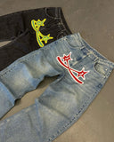 ChicMy-PROTECT Y2k New Hip Hop Cross Star Print Jeans Gothic Retro Baggy Blue Black Men Denim Pants Punk Straight Trousers Streetwear