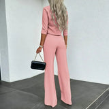 CHICMY-Women Slim Fit Top Women Wide-leg Pants Stylish Women's 2-piece Suit Solid Color Wide Leg Pants Crop Top Set for Chic Commute