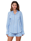 Chicmy- Women Striped Print Long Sleeve Button Down Shirt + Shorts Set Loungewear Elegant Lady Spring Matching Suit