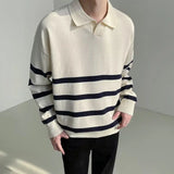 CHICMY-2024 Autumn Korean Style Contrast Striped Sweater Men's Lapel Button Casual Vintage Sweater Pullovers Long-sleeved Men's Sweater