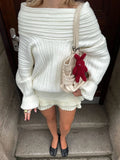 ChicMy Off-Shoulder Solid Knit Sweater Women Casual Loose Long Sleeve Patchwork Oversized Sweater Slim Fashion Pullover Female