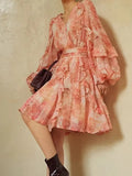 Chicmy Hit Color Loose Elegant Dresses For Women V Neck Long Sleeve High Waist Temperament Mini Dress Female Fashion Style