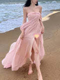 Chicmy-Christmas Party Dresses  Pink Elegant Pleated High Waist Split Long Dress Women Fashion Backless Halter Strapless Fairy Dress Female 2024 Vestido