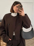 2024 Women Vintage Wool Blends Coat Fashion Double Breasted Fleece O Neck Long Sleeve Short Jacket Female Street Chic Outerwear