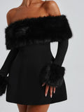 Chicmy-new years eve outfits Christmas party outfits Women Black Fluffy Faux Fur Backless Mini Dress Fashion Strapless High A-neck Slim Dresses 2024 New Lady Party Gown Vestidos