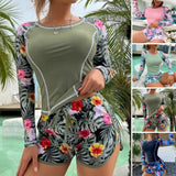 CHICMY-2 Pcs/Set Women Swimsuit Set Floral Print Long Sleeves O Neck Top Drawstring Elastic Waist Water Sports Top Shorts Set