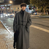 Chicmy-Autumn Winter Men Horn Button Woolen Coat Mid Length Stand Collar Trench Coat Solid Color Big Pocket Overcoat Streetwear