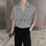 CHICMY-2024 New Plaid Houndstooth Print Shirt for Men Double-breasted Half Sleeved Cuban Collar Trend Loose Drape Casual Shirts Men