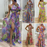 CHICMY-Women Evening Dress One Shoulder Backless Colorful Flower Print Dress Single Long Sleeves Side Split Floor Length Maxi Dress