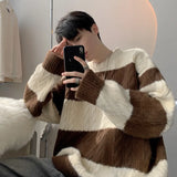 Chicmy-Winter Outfits Men chill guy Men's O Neck Patchwork Knitted Pullover Sweater Casual Vintage Loose Light Luxury Korean Popular Long Sleeve Winter Clothing