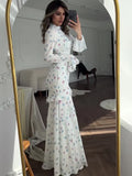 ChicMy Ruffle Printed Long Sleeve Long Dress Women's Elegant Contrast Color Slim Fit Lace Waist Casual Summer Fashion Long Dress