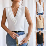 CHICMY-Summer Women Vest Casual V-Neck Sleeveless Layered Collar Pullover Tops Solid Color Breathable Sleeveless T-shirt Streetwear