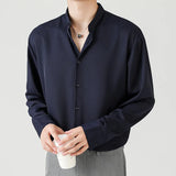 CHICMY-High-end Luxury Dark Blue Shirts for Men Spring Long Sleeve Stand-up Collar Button Solid Color No Iron Silky Drape Men's Shirts