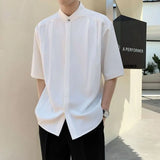 CHICMY-2024 Graduation Gift Back to School Season Summer New Men Clothing Stand Collar Shirt Men Short Sleeve Hidden Button Loose Casual Solid Color Simple White Shirt