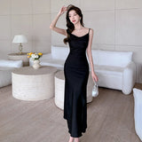 Chicmy-Christmas Party Dresses Elegant Party Black Satin Midi Dresses for Women 2024 Summer New Sexy Fashion Bodycon Sleeveless Split Strap Female Clothing