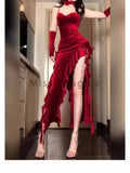 Chicmy-Christmas Party Dresses Red Rose Elegant One Piece Dress Women Sleeveless Y2k Designer Long Dress Female Strapless Retro Irregular Dress 2024 Summer New