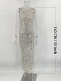 ChicMy Sequin See-Through Sexy Long Dress Female Slim Sleeveless Shiny Patchwork Fashion Party Dress Glitter Women's Maxi Dress