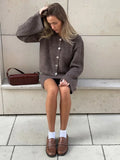 Fashion Brown Single Breasted Kint Cardigan Suit Chic Lapel Long Sleeve Mini Dress Outfit Early Autumn Lady Commuting Streetwear