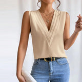 CHICMY-Summer Women Vest Casual V-Neck Sleeveless Layered Collar Pullover Tops Solid Color Breathable Sleeveless T-shirt Streetwear