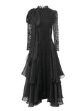 Chicmy Solid Spliced Lace Up Long Dresses For Women O Neck Long Sleeve High Waist Temperament Dress Female Fashion Style