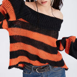 ChicMy E-girl Gothic Hole Stripe Knitted Pullovers Stripe Long Sleeve Sweater Women Jumpers Punk Style Kawaii Harajuku Streetwear