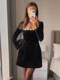 Chicmy-new years eve outfits Christmas party outfits Women Black Rhinestone Decor Velvet Mini Dress Elegant Square Neck Long Sleeve High Waist A-line Dresses Lady Evening Party Gown