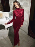 ChicMy-Fall Outfits  Fashion Pleated Skinny Dress Female High Waist Twist Long Sleeve Elegant Solid Party Dress Gown Women's Maxi Dress Autumn