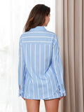 Chicmy- Women Striped Print Long Sleeve Button Down Shirt + Shorts Set Loungewear Elegant Lady Spring Matching Suit