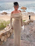 ChicMy Knit Hollow Out Off-Shoulder Maxi Dress Female Cover up See-Through Sleeve Holiday Beach Party Dress Women Knitwear Dress