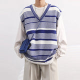 Chicmy-Winter Outfits Men chill guy Autumn Clothing Men's Striped Knit Vest Sweater Fashion Patchwork V Neck Sleeveless Loose Stylish Vintage Leisure Knitwear M-2XL