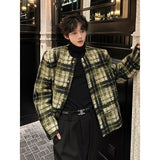 Chicmy-Men's Tweed Plaid Blazers Cardigan Autumn Winter Trend Collarless Short Jacket Fashion Green Korean Style Chic Elgance Coat