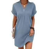 Chicmy-Elegant Two Buttons Decoration V Neck Pullover Dresses Women Solid Color Short Sleeve Dress Summer Female Daily Casual Mini Gown