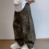 CHICMY-Men Pants Loose Deep Crotch Retro Hip Hop Leopard Print Bottoms Pockets Mid Waist Full Length Stretwear Long Trousers