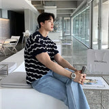 CHICMY-Men's Outfits Summer Men's Clothing Luxury Striped O Neck Knitted T Shirt Retro Half-sleeved Korean Popular Knitwear Leisure Hollow Out Tees