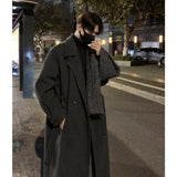 Chicmy-Korean Trend Trenchcoat With Belt Men's Loose Casual Overcoat Autumn Winter Solid Color Fashion Woolen Coat Medium Long Trench