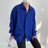 CHICMY-Graduation Gift Back to School Season New Arrival Klein Blue Shirt Men Long Sleeve Concealed Button Lapel Summer Thin Casual Loose Solid Color Ice Silk Shirt Men
