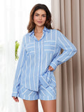 Chicmy- Women Striped Print Long Sleeve Button Down Shirt + Shorts Set Loungewear Elegant Lady Spring Matching Suit