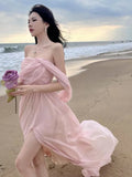 Chicmy-Christmas Party Dresses  Pink Elegant Pleated High Waist Split Long Dress Women Fashion Backless Halter Strapless Fairy Dress Female 2024 Vestido