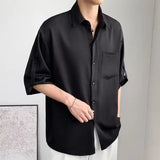 CHICMY-Solid Color Ice Silk Shirts for Men Short Sleeve Summer Drape Lapel Button Korean Loose Business Casual Top High-end White Shirt