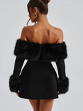 Chicmy-new years eve outfits Christmas party outfits Women Black Fluffy Faux Fur Backless Mini Dress Fashion Strapless High A-neck Slim Dresses 2024 New Lady Party Gown Vestidos