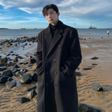 Chicmy-Winter Long Trenchcoat Men Korean-style Solid Double Breasted Woolen Coat Loose Casual Trench Outwear 2023 Solid Color Overcoats