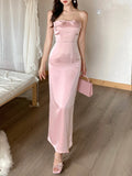 Chicmy-Christmas Party Dresses Pink Bow Neckline Patchwork Mesh Vest Dress Long Skirt Satin Light Gown High Waist Slim-Fit Elegant Party Maxi Dresses Female