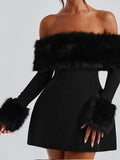 Chicmy-new years eve outfits Christmas party outfits Women Black Fluffy Faux Fur Backless Mini Dress Fashion Strapless High A-neck Slim Dresses 2024 New Lady Party Gown Vestidos