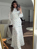 ChicMy Ruffle Printed Long Sleeve Long Dress Women's Elegant Contrast Color Slim Fit Lace Waist Casual Summer Fashion Long Dress